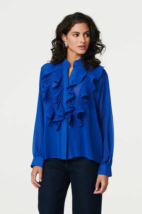 Ruffled Long Sleeve Semi Sheer Blouse