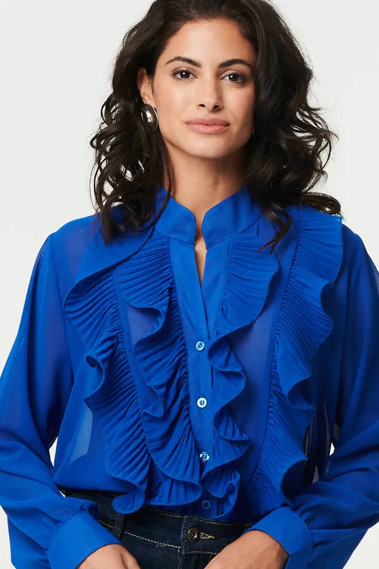Ruffled Long Sleeve Semi Sheer Blouse